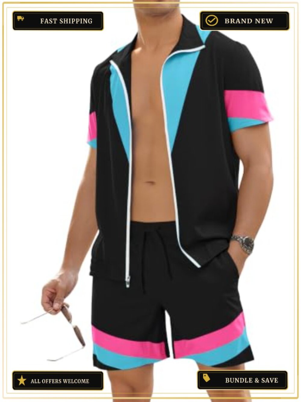 Men's 80s 90s Retro Tracksuit Set Short Sleeve Zip Up & Shorts Costume